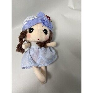 HWD Anime Doll 8 in Plush With Hook  Sewn in Eyes Blue Dress Brown Hair and Eyes